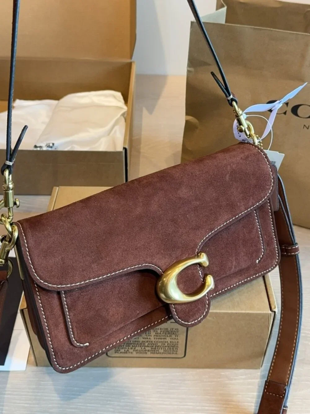 Coach Tabby Baguette Dark Brown Suede Shoulder Bag